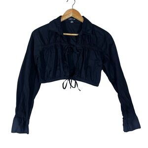 Audrey Lane Tie Front Solid Cropped Blouse Black Goth Gathered Top Size L